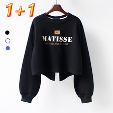 1+1 여성용 언발런스 뒷트임 맨투맨 티셔츠 레터링 벌룬 소매 라운드 긴팔 숏 크롭 티셔츠