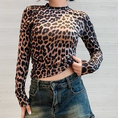 여성 레오파드 하이넥 긴팔 티셔츠 베이지 무늬 바디쉐이핑 스트레치 탑 데일리룩