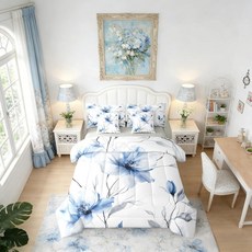 Erosebridal 블랙 앤 화이트 꽃무늬 이불 세트 시트 포함 트윈 보헤미안 플라워 7피스 침구 여성용 남성용 예술적인 수채화 침대 잉크 페인팅 스타일 꽃 & 나뭇잎 가방, 블루