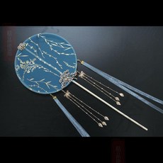 古風扇子 燙金柳絮團扇 長柄漢服旗袍扇子 舞蹈扇子 古著配飾, 酒紅柳絮+扇墜+飄帶,總長40CM, 1個