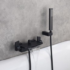 瀑布入牆水龍頭浴缸浴室浴盆冷熱隱藏水流方形工業風黑色瀑布水流扁嘴大出口銀色套裝, 黑色套裝, 1個