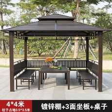 야외정자 조립식 바베큐장 파고라 정원 테라스 원두막, 4x4m 좌석판 3개 테이블 포함