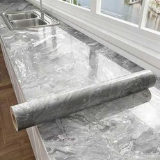 Thick Glossy White Silver Marble Peel and Stick Kitchen Sticker for Countertop Cabinet Waterproof, 실버-그레이