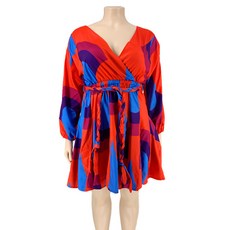 야옹야옹플러스 사이즈 드레스 프린트 V 넥 섹시한 짠 대형 스윙 스커트 벨트 여성 의류 무릎 길이 드레스 Vestidos De Mujer Casual, 빨간, XXXL 사이즈