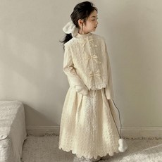 Olli kids 女童新中式國風馬甲裙套裝 米白色