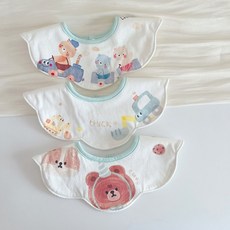 3入 小熊 純棉圍兜 圍兜 韓系圍兜 寶寶圍兜 嬰兒圍兜 圍兜兜 水洗口水巾 口水巾 寶寶口水巾 純棉 造型圍兜, 1個, 藍綠色-3入組