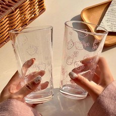 ins風 玻璃杯 牛奶杯 可愛卡通粉貓圖案 450ml, 1個, 粉貓*一隻裝450ml