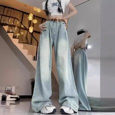 해피유통 여성용 고웨스트 루즈핏 워싱 와이드 데님 팬츠