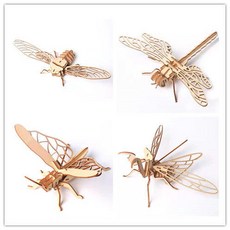 木質多款崑蟲動物立體3D拚圖拚闆玩具，幼兒園禮物創意DIY拚裝模型，安全木質玩具, 知了+蜻蜓+螳螂+蚱蜢, 1個