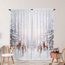 Yilinata 겨울 숲 창문 커튼 메리 크리스마스 프린트 거실용 눈 덮인 판타지 원더랜드 사슴 홀리데이 드레이프 장식 침실용 213.4cm x 213.4cm(84인치 84인치