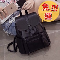 皮質休閒束口後背包 荔枝紋PU雙肩背包 皮帶飾條, 黑色