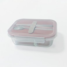 Yoursun 2칸 유리 밀폐형 도시락통 1040ml + 숟가락 + 젓가락, 1개, 핑크