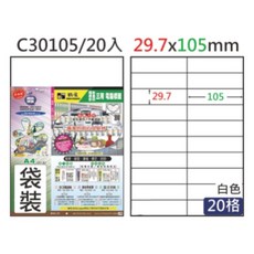 A4牛皮標籤貼紙 29.7x105mm 20格 會計記帳分類標示姓名貼, 白色, 20個, 20個裝