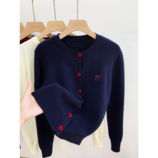 刺繡蝴蝶結長袖針織開衫外套女內搭打底衫毛衣短款上衣服, 藏藍色, 均碼