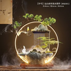 創意中式循環陶瓷流水器噴泉招財客廳辦公室桌面生財擺件開業禮品, 版中號40圈(雨簾)禪思賢士