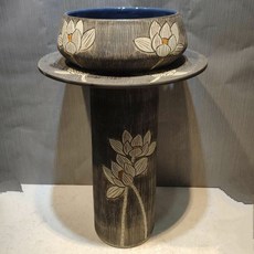 復古立柱式洗手盆 圓形洗手台 高溫陶瓷, 豎紋雙蓮刻三件套無任何配件