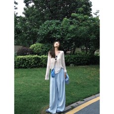 全店折扣 微胖mm2025年春夏設計感防曬罩衫寬鬆闊腿褲兩件套辣妹慵懶風套裝, 單件 藍色闊腿褲,M