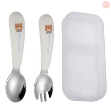 萌萌屋 不鏽鋼兒童湯叉組 小熊學習餐具 寶寶手握訓練湯匙叉子 附收納盒, 1個, 不鏽鋼兒童湯叉組(小熊)