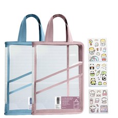 손잡이 파일가방 A4 책 학습지 학용품 보조가방 1+1 (꾸미기스티커 포함), 블루+핑크, 1세트