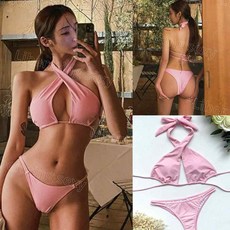 鏤空交叉掛脖比基尼泳衣 - 爆乳中空設計 網紅款溫泉度假泳裝 (編227)