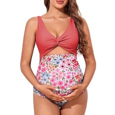 Summer Mae 임산부 컷아웃 원피스 수영복 트위스트 프론트 십자형 수영복 하이 웨이스트 임산부 수영복 핑크 플로럴 XXL