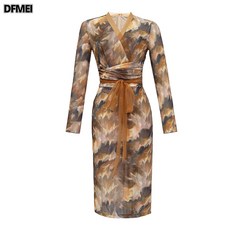 DFMEI 랩 롱스커트 빈티지 프렌치 프린트 계열허리 스트링 슬림 원피스 10196