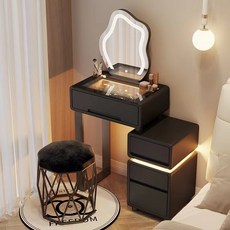 智能臥室梳妝台床頭櫃一體化妝桌 (破碎包賠 2024新款 小戶型 現代簡約主臥斗櫃), 普通款黑色,50.1cm桌+櫃+雲朵鏡+鳥巢凳
