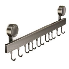 免釘吸盤式掛鉤條，太空鋁廚房浴室收納掛架，一字型多掛鉤設計，可重複使用, 槍灰色, 1個