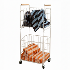 까사앤코 2단 접이식 완벽분리 틈새 공간활용 이동식 대용량 수납 튼튼한 세탁 빨래 바구니, 화이트