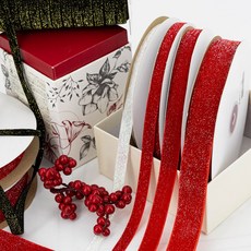 반짝이 벨벳 펄 리본 끈 크리스마스 리본 트리 장식, 레드 반짝이 / 15mm