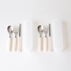 kamome kitchen 孩童筷匙叉餐具組 2入+收納盒 2入, 奶油黃色