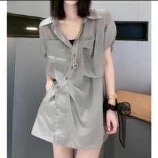 單 歐洲站中長版斜排扣設計感小衆襯衫 高腰休閒短褲兩件套夏套裝韓版 大尺碼 寬鬆 冰絲衫女, 1995#灰色上衣,M 【建議80-100斤】