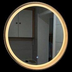 원목 원형 거울 LED 조명 욕실용 벽걸이 빈티지 화장대 스마트 인테리어경, 호두나무 + 삼색 조명 50x50 센티미터