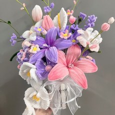 手工扭扭棒花束 成品 抱抱桶, 紫色小百合銀色抱抱桶材料包