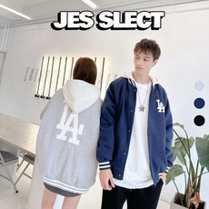 JES 韓國厚磅撞色帽LA字母印花情侶棒球外套，親膚透氣，潮流時尚百搭款