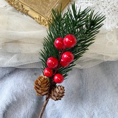 聖誕節仿諾貝松插飾 聖誕樹佈置品 聖誕花圈素材, 紅漿果松果款, 1個