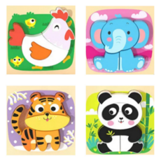 지니어스래빗 유아원목퍼즐 두돌아기장난감 교구, 동물(닭+코끼리+호랑이+팬더)
