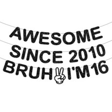 ITHKIRHO 16번째 생일 장식 남아용 배너 - 3피스 블랙 글리터 Awesome Since 2010 Bruh I'M 16 Garland Room Decor for Teen, ITHKIRHO 16번째 생일 장식 남아용 배너 - 3