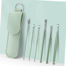 휴대용 귀이개 귀지킬러 6종세트 고급 가죽케이스 귀지청소기 귀지청소 귀이개세트 귀파개 귀후비개, 블루