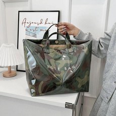 대용량 PVC 토트백 방수 쇼핑백 여행용 휴대용 캐주얼 가방, 카모플라주그린, 1개