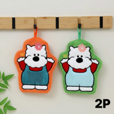 띵룸 인사하는 강아지 고리수건 주방 욕실 캐릭터 핸드타월 2P, 1세트, 오렌지+그린