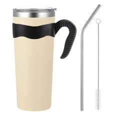 대용량 텀블러 800ml + 손잡이 + 스텐 빨대 + 세척솔 세트 보온 보냉 스텐 물병 보온병 보냉병 핸들 냉텀블러 리유저블 아이스 콜드컵 휴대용, 1세트, R99866M(베이지