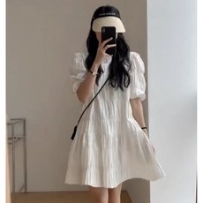 류룡 여성 여름 쇼트 벌룬 플리츠 반팔 원피스