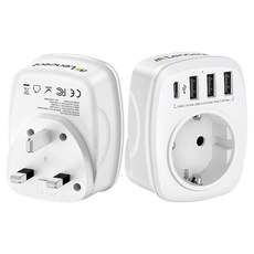 렌센트 고속충전 전세계 여행용 해외 영국 규격(Type G) 플러그 어댑터 4포트 (3 USB A + 1 USB C) 한국 영국 싱가포르 말레이시아 변환 화이트, 1개