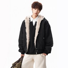 黑色連帽毛領加厚保暖棉服外套夾克 短款運動棉衣 冬季棉大衣