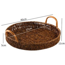 壹灣出貨 茶盤茶托 仿藤編織收納盤 杯子收納托盤 餐廳麵包點心盤 簡約廚房家用藤編托盤, 深咖色 40*5/11CM帶提手