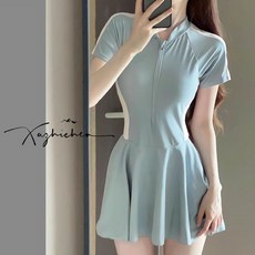 顯瘦遮肚連體泳衣 保守溫泉泳裝 ins風, 藍黑8000,XL 推薦110-120斤