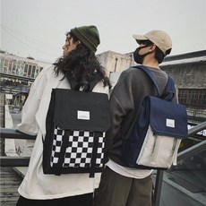 이범락 브랜드 가방 남자 백팩 여자 ins풍 중학생 대학생 가방 한국판 고등학생 패션 트렌드 캠퍼스 심플한 가방 파란색, 흑백격