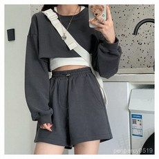 韓版寬鬆短版運動套裝 運動上衣 短版上衣 長袖上衣 女裝 衣服 寬鬆上衣 露臍辣妹高腰長袖兩件套ins