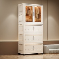 秒出【台灣公司現貨】摺疊衣櫃 雙開門收納櫃 折疊收納櫃 折疊收納箱 收納櫃 收納箱 衣物收納箱 衣櫥 衣物收納 櫃子, 1個, 【3層杏色衣櫃】+【1層大門櫃】｜附輪